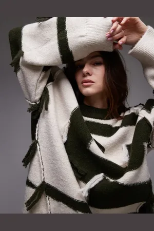 Topshop Knitted tassel patchwork oversized jumper in green and ecru