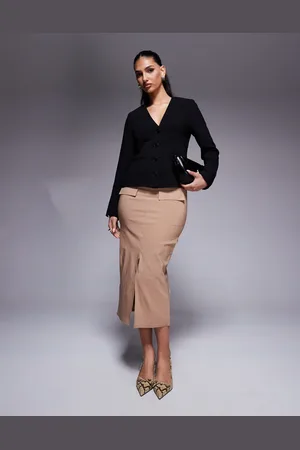 In The Style Bengaline structured split front pocket detail midi skirt in -Neutral