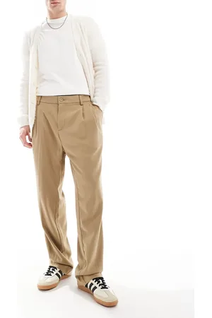 JACK & JONES Wide fit pleat front smart pants in beige-Neutral