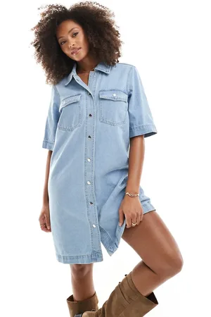 ONLY Short sleeve denim dress in light wash blue