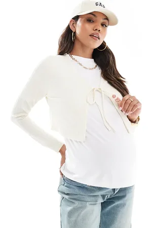Mama;licious Mamalicious Maternity cropped ribbed cardigan in cream-Neutral