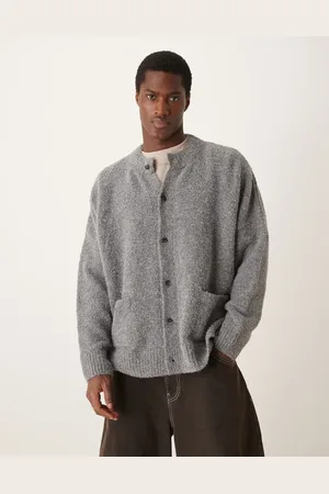 ASOS Super oversized boxy fit knitted textured crew neck cardigan in grey marl with pockets