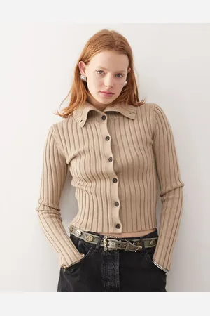 Weekday Jackie chunky rib cardigan with high neck in -Neutral