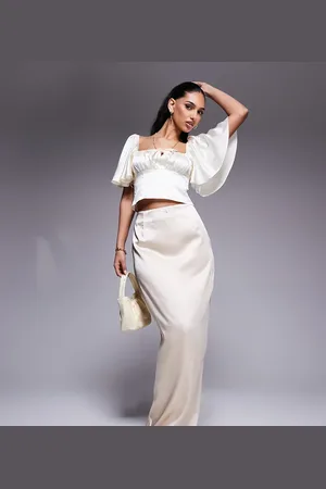 Kaiia Exclusive satin bodycon bow trim detail maxi skirt in -White