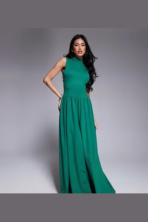 Kaiia Exclusive sleeveless high neck gathered skirt maxi dress in emerald green