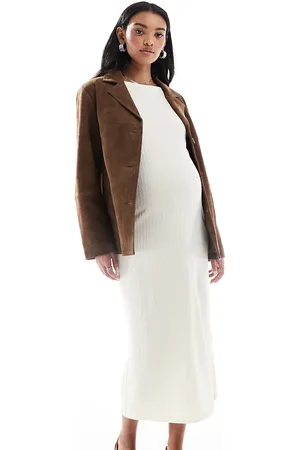 Mama;licious Mamalicious Maternity long sleeved ribbed jersey midi dress in cream-Neutral