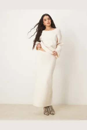 Gina Tricot Chunky rib knitted maxi skirt with side split in (part of a set)-White