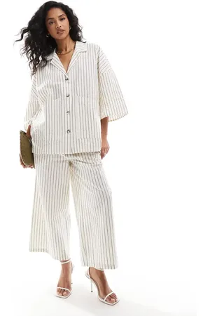 AWARE Vero Moda cropped wide leg pants in off white pinstripe (part of a set)