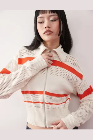 Monki Knitted zip through cardigan in stripe