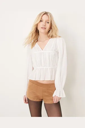 Gina Tricot Shirred smocked blouse top with tie front in