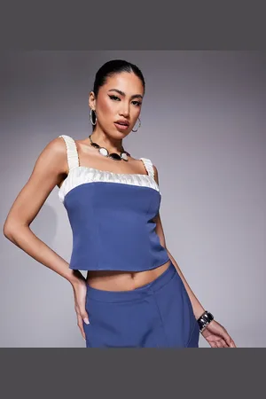 Kaiia Exclusive ruched contrast satin strap detail cami top in blue (part of a set)-Grey