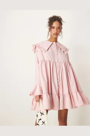 Sister Jane Oversized collar frill mini dress with heart button detail in light pink