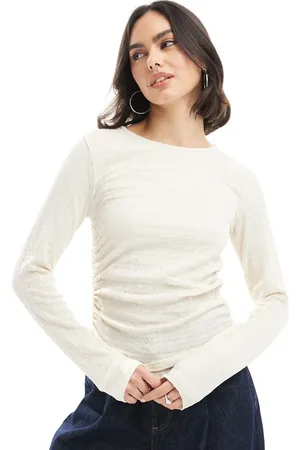 VERO MODA Textured ruched long sleeve top in cream-White