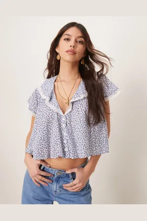 Free People Truly Yours ditsy print cropped blouse in baby blue