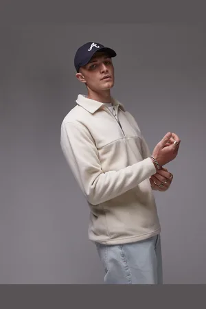 SELECTED Borg half zip fleece in cream-White