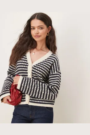 Y.A.S Textured stripe knitted cardigan in black and cream-White