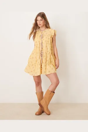 Free People Sundown ditsy print smock mini dress in yellow