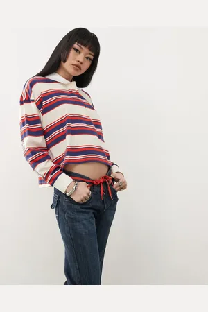 Santa Cruz Long sleeve crop polo top in red and black stripe-Multi