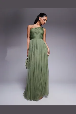 Lace & Beads Bridesmaid one shoulder maxi dress in -Green
