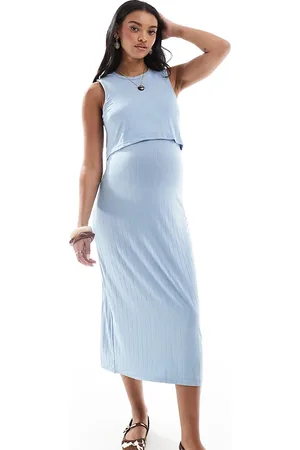Mama;licious Mamalicious Maternity 2 function nursing ribbed midi dress in light blue