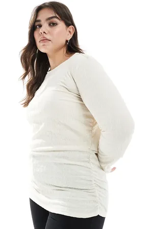 VERO MODA Textured ruched long sleeve top in cream-White