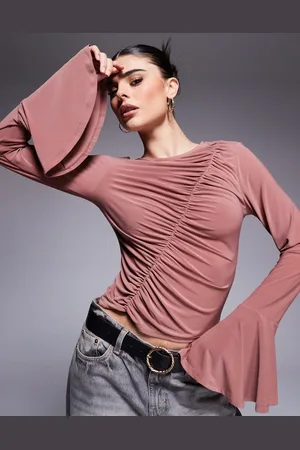 ASOS Asymmetric gathered flared long sleeve top in -Brown