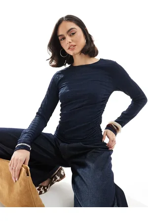 VERO MODA Textured ruched long sleeve top in navy