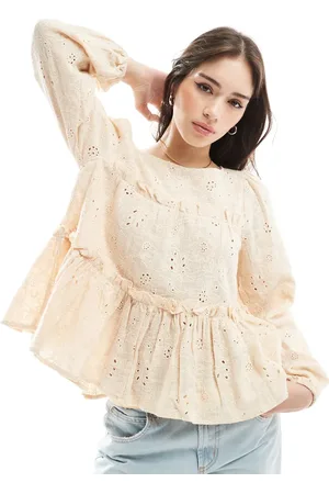 Object Tiered long sleeve broderie top in cream-White