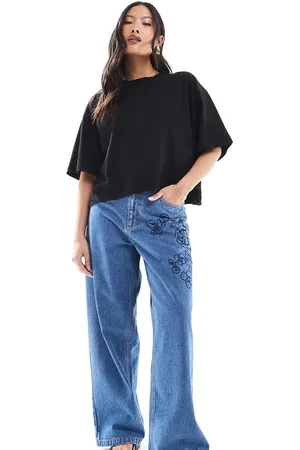 Miss Selfridge Embroidered floral baggy jeans in