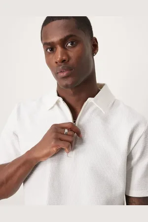 SELECTED Half zip seersucker polo shirt in cream-White