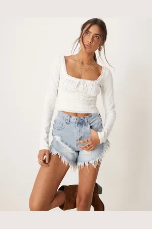 Glamorous Distressed high waisted shorts in denim wash-Blue