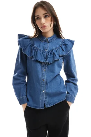 ONLY Long sleeve frill denim shirt in mid blue wash