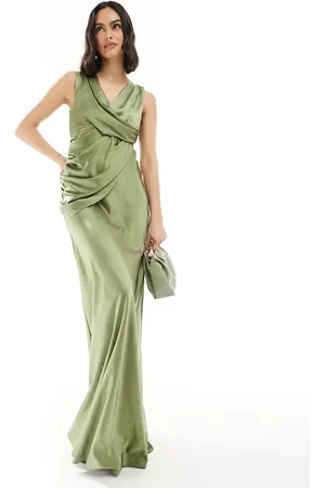 Six Stories Bridesmaid gathered overlay satin maxi dress in