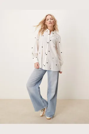 Y.A.S Oversized shirt with heart embroidery and ruffle trim detail in white