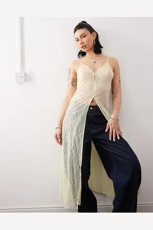 Reclaimed Lace mesh maxi layering dress in yellow-White