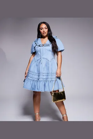 ASOS Curve denim collared puff sleeve mini dress in -Black