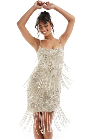 ASOS Scoop neck crochet fringe embellished mini dress with asymmetric hem in -White