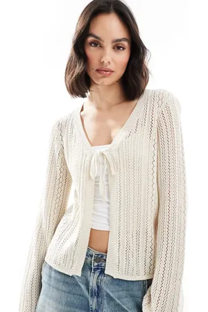 Pieces® Crochet tie front cardigan in cream-White