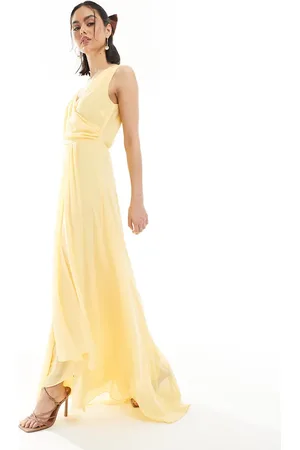 TFNC Bridesmaid chiffon wrap front maxi dress with wrap skirt in -Yellow