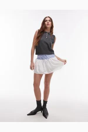 Nialaya Evie contrast waistband tie-detail mini skort in white and blue
