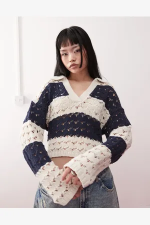 Monki Open stitch knitted polo in black & beige-Neutral