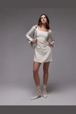 Nialaya Moira structured off-shoulder long sleeve mini dress in -Neutral