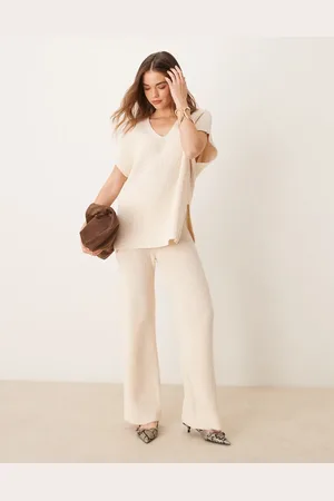 Pretty Lavish Rib knit relaxed pants in (part of a set)-White