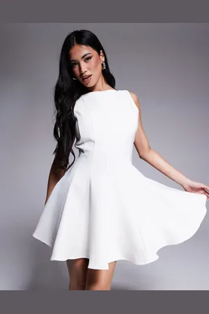 Rare Fashion London structured straight neck pleated skater mini dress in -White