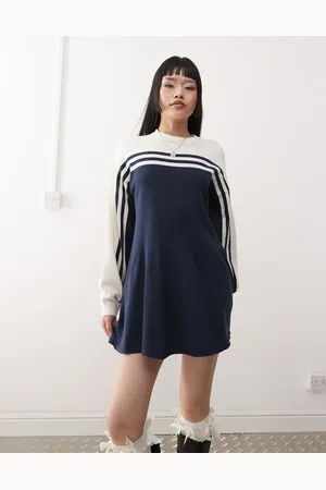 Monki Knitted sporty dress in beige & navy stripe-Neutral