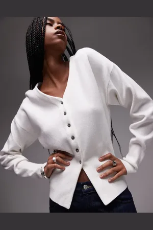 Topshop Knitted v-neck compact fitted waist longline cardi in -White