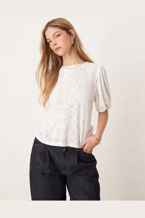 VILA Broderie t-shirt with puff sleeve detail in white