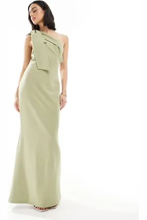 Pretty Lavish Bridesmaid crepe one shoulder bow maxi dress in -Green