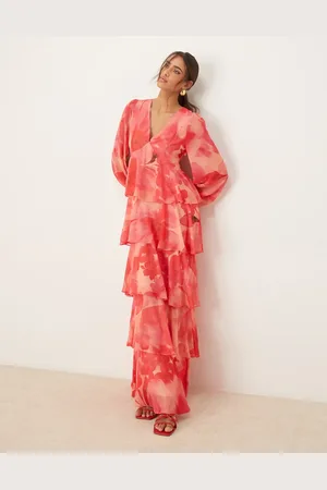 Pretty Lavish Plunge balloon sleeve maxi dress in pink and red floral-Multi