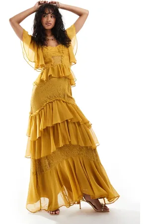 ASOS Flutter sleeve tiered midi dress with lace insert in -Yellow